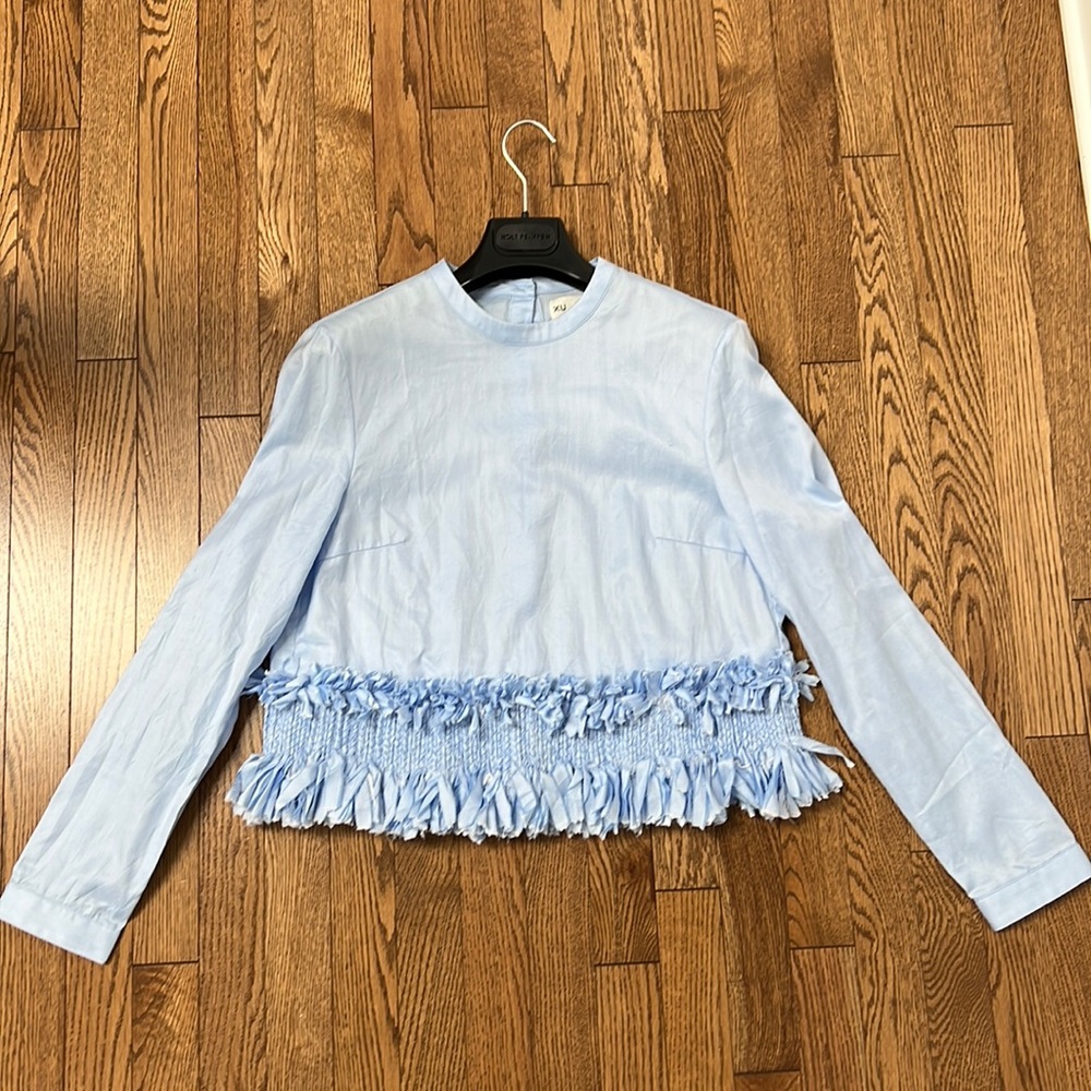 Light Blue Fringed Long-Sleeve Blouse